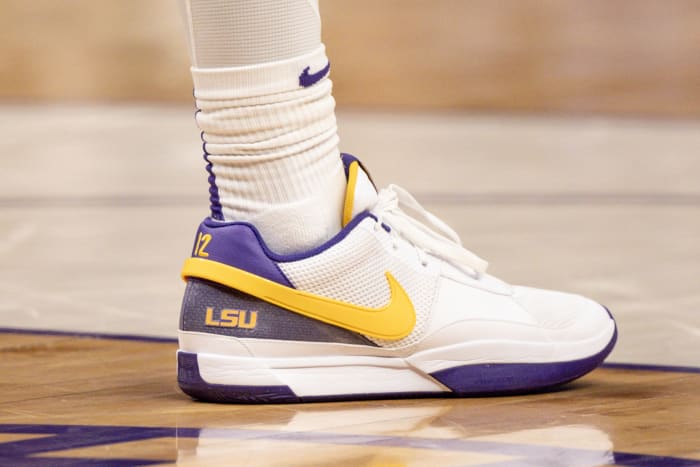 Ja Morant's white, purple, and gold 'LSU Tigers' Nike sneakers.